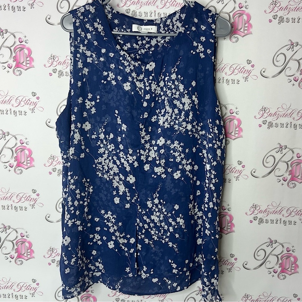 Cristina B tank top blouse flowers flowy Navy and White Floral Blouse